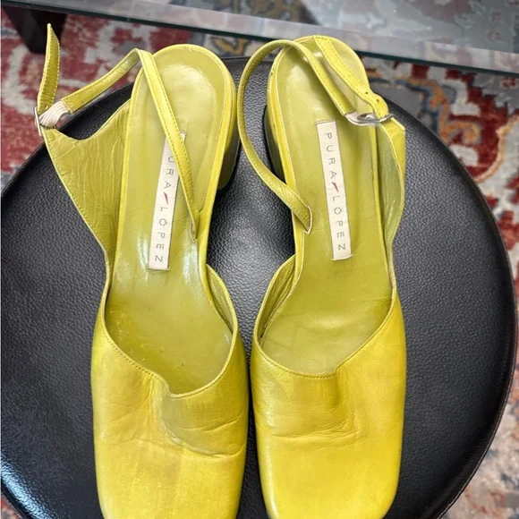 Pura Lopez Lime Yellow Leather Slingback Mules - Picture 2 of 16
